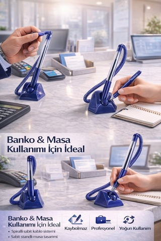 Spiralli Banko & Masa Kalemi 1.0 Mm Mavi Mürekkepli Sabit Standlı Ofis Kalemi 3 Adet Mavi 3