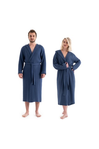 Unisex Kapşonlu 4 Kat Müslin Bornoz - Lacivert
