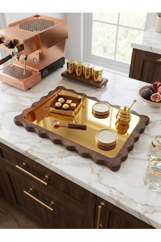 Famwoodart Dikdörtgen Papatya Gold Doğal Ahşap Peynir Ve Sunum Tabağı, Kahvelik, Yağdanlık, Pasta Ve Kek Standı %100 Çam Ceviz - Gold