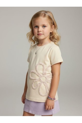 Zekids Kız Çocuk Çiçek Nakışlı Tasarım T-shirt-16889 Krem