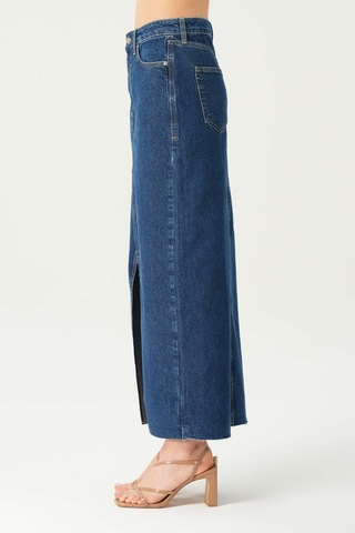 Koyu Mavi Yüksek Bel Patı Fermuarlı Yırtmaçlı Etek Ucu Kesik Maxi Jean Etek C 4532-051 Koyu Mavi