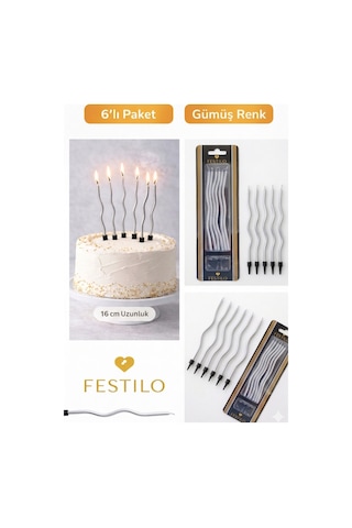 6 Lı Kıvrımlı Mum Gümüş Pasta Süsü Spiral Mum Pasta Mumları 16 Cm