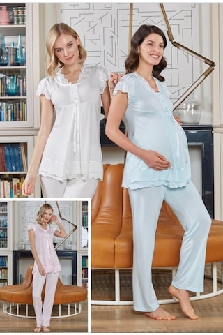Bone Club 4703 Mavi Hamile Lohusa 3 Lü Pijama Sabahlık Takımı