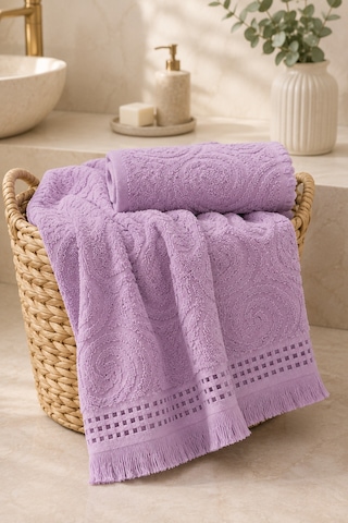Paisley Desenli Saçaklı 2 Li Baş Ve Banyo Havlusu Seti 50x90 + 90x150 Cm - Lila