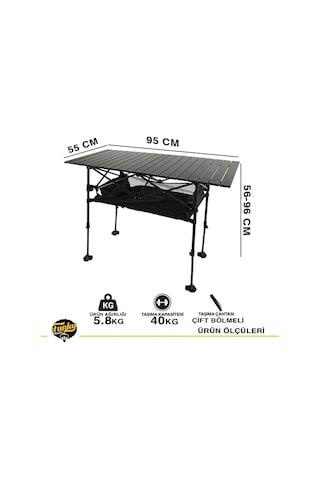 Funky Chairs Caravan Class Katlanabilir Teleskopik Ayaklı Alüminyum Kamp Masası 95x55x68-96cm -siyah Siyah