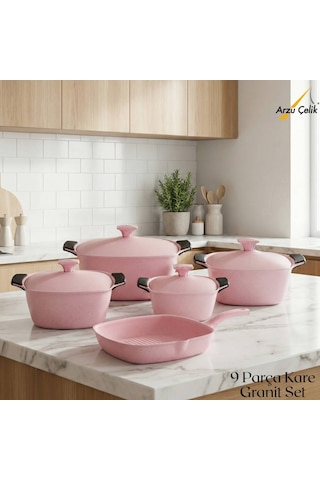 9 Parça Kare Granit Set Alüminyum Kapak - Pembe Pembe