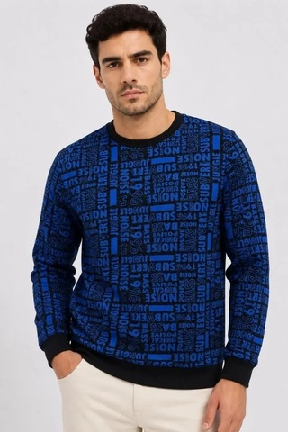 DefyModa Erkek Siyah Mavi Yazı Desenli İki İplik Şardonlu Sweatshirt Lacivert