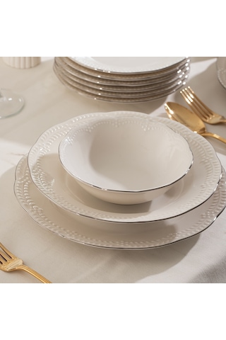 Porsima 4435 Büşra Platin Yaldızlı Yemek Takımı 24 Parça 6 Kişilik Yemek Seti Beyaz