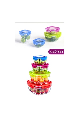 Flosoft Kilitli Kapaklı Kare Erzak Saklama Kabı 4’Lü Set 275 Ml500 Ml900 Ml1500 Ml Çok Renkli