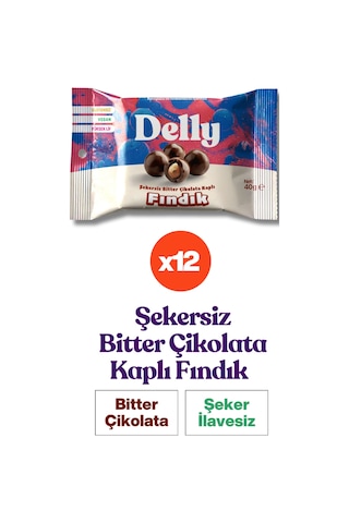 Delly Şeker İlavesiz Bitter Çikolata Kaplı Fındık 12 x 40 G