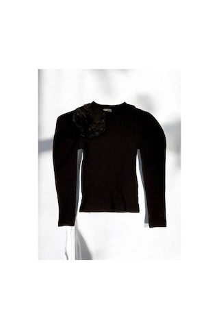 Kız Çocuk Kol Detaylı Çiçekli Fitilli Bluz-14802 Siyah