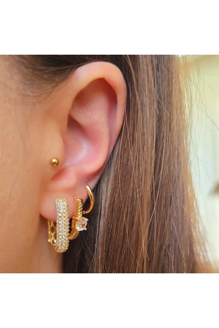 Tektaş Model Üçlü Çelik Küpe Altın