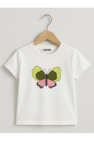 Nk Kids Kız Çocuk Kelebek Desenli T-shirt-15979 Ekru Ysl