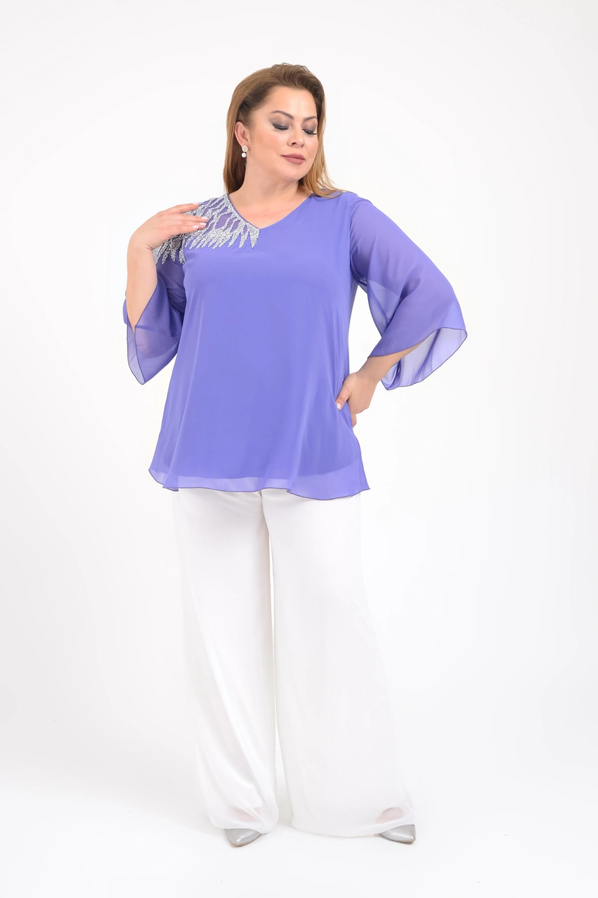 Lilas Xxl Büyük Beden Lila Renkli Şifon V Yaka Abiye Bluz Lila Desen