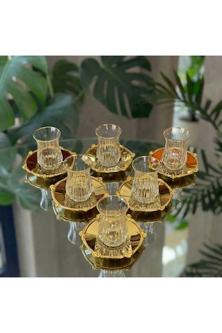 12 Parça 6 Kişilik Kristal Kesim Çay Takımı Cam Çay Bardağı Ve Tabak Seti Eco Gold