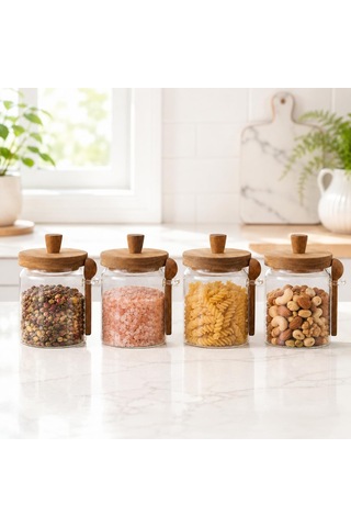Akasya Kapaklı Kaşıklı Cam Kavanoz 450 Ml 4'lü Set, Şeffaf Cam Saklama Kavanozu, Ahşap Kapaklı Kaşıklı Mutfak Düzenleyici, Baharat Kahve Şeker Bakliyat Kuruyemiş Kavanozu Çok Renkli