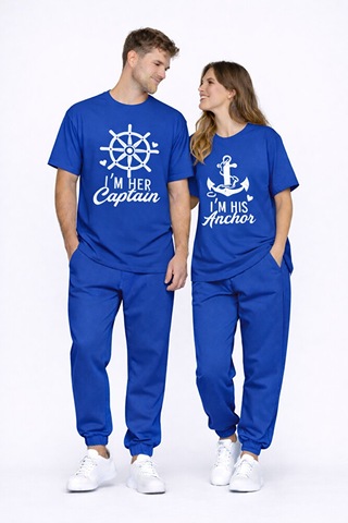 Sevgili Kombini Oversize Çift Tişört Unisex Captain Anchor Baskıl Lacivert