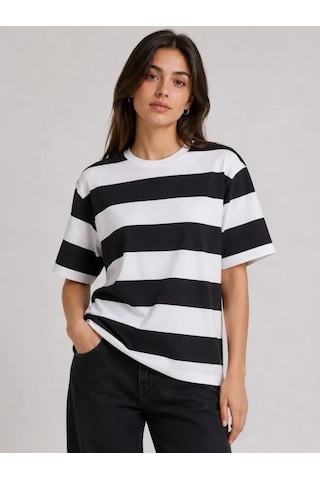 Defymoda Çizgili Oversize Tişört Bisiklet Yaka Kısa Kol Yazlık T-shirt - Siyah