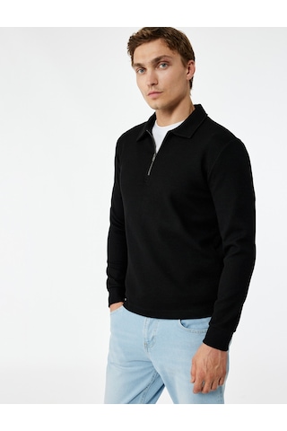 Koton Uzun Kollu Basic Dokulu Yarım Fermuarlı Polo Yaka Sweatshirt Siyah 6wam70023mk Siyah