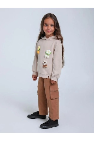 Kız Çocuk Çiçek Örgü Detaylı Kapüşonlu Sweatshirt-14306 Bej