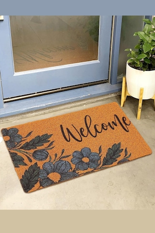 Valerine Life Lacivert Papatya Çiçekli Welcome Hoş Geldiniz Kapı Önü Paspası 45x70cm Kahverengi