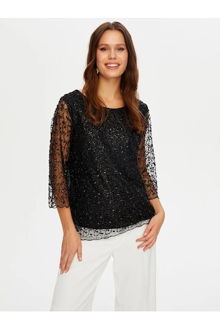 Faik Sönmez Boncuk İşli Kayık Yaka Kadın Abiye Bluz W26blz001 Siyah