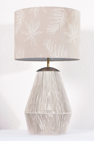 Desenli Başlıklı El Yapımı Simli Beyaz İp Abajur Beyaz