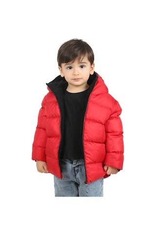 Freemen Erkek Çocuk Kırmızı Polarlı Kürklü Kapüşonlu Su Ve Rüzgar Geçirmez Şişme Kışlık Mont Kırmızı