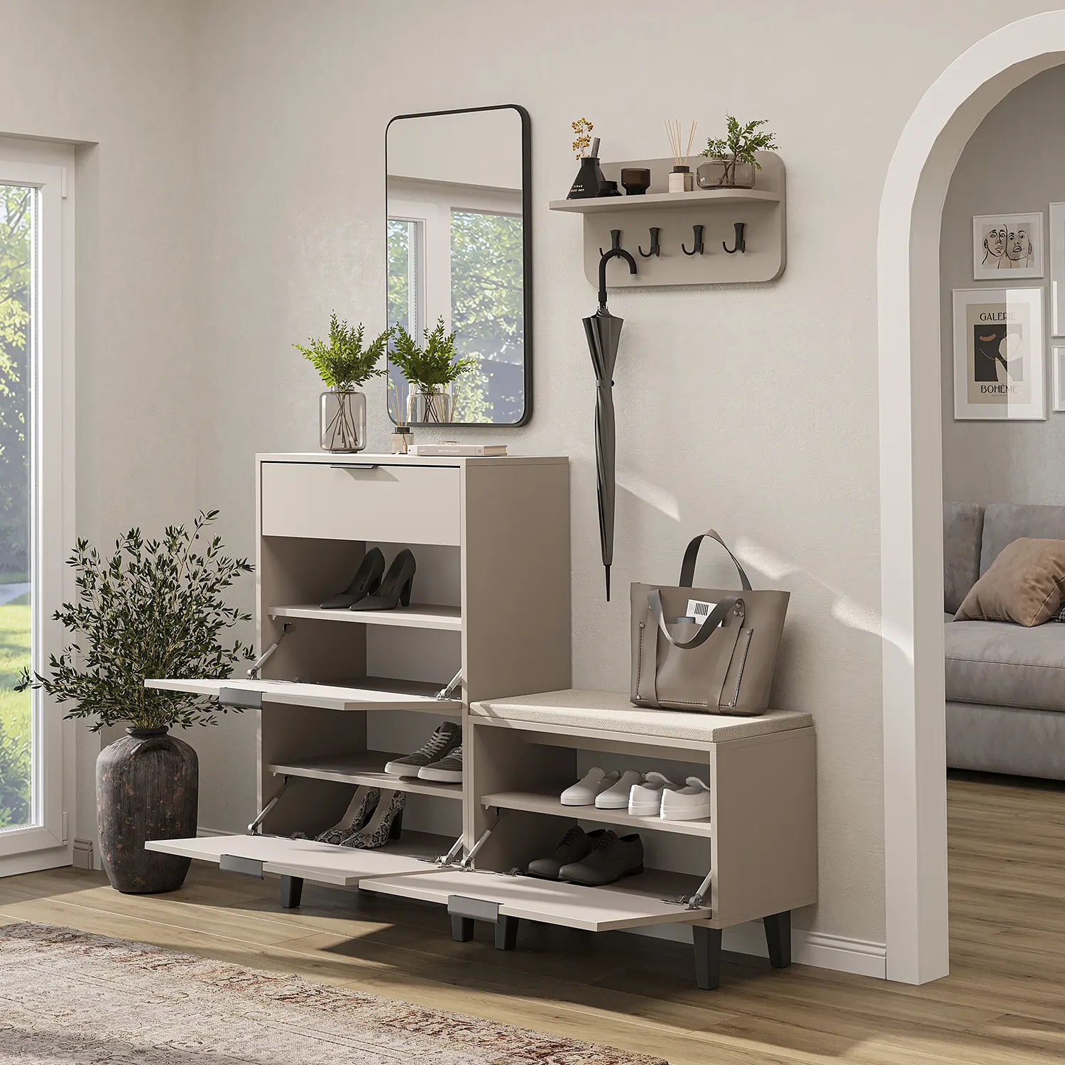 Nord Vestiyer Takımı Kapaklı Askılıklı Ayakkabılık Dolabı, Bench, Modüler, Aynalı Portmanto Takımı Kumtaşı
