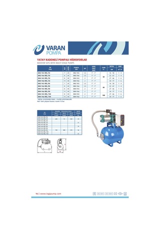 Varan Bm2-9x5 Hıd/80 L Tanklı Yatay Kademeli Hidrofor 1.5 HP / 1.1 kW Monofaze 220 V, 32 - 54 Mss