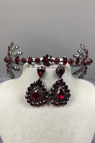 FdayAksesuar Aksesuar Gelin Tacı Seti Bordo Çift Taraflı Selen Model Kına Gelin Tacı Ve Damla Taşlı Küpe Takımı FRDY31674