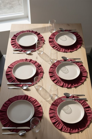 Yunusoğlu Home Pamuklu Fırfırlı Supla 6'lı Set Amerikan Servis 33 Cm Çap Supla 6'lı Bordo