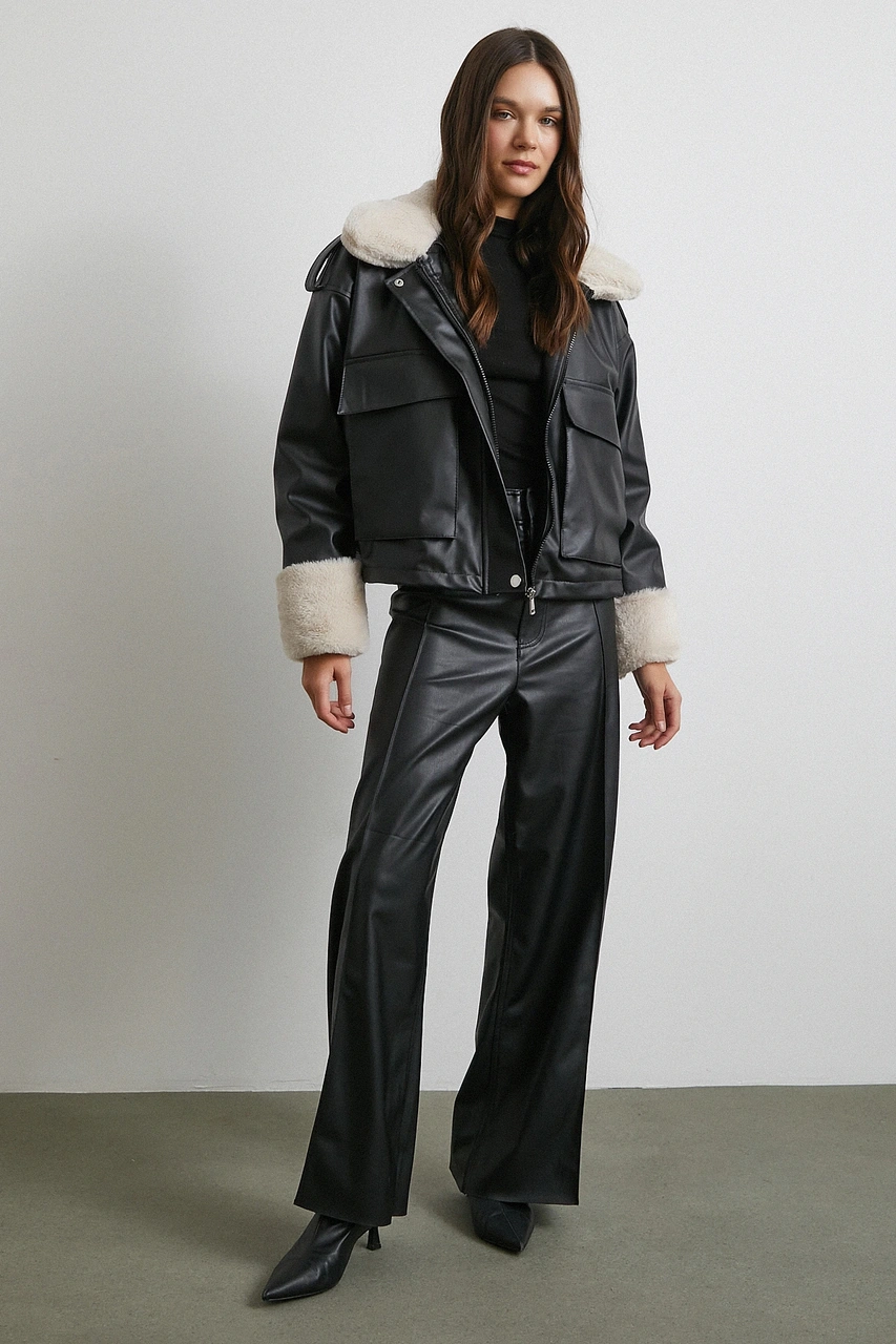 Körüklü Cep Deri Mont Siyah Siyah