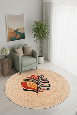 Zeminde Doğanın Ruhu: Renkli Motifli Hasır Görünümlü Kaymaz Taban Halı Bej