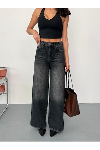 Kadın Füme Taşlamalı Baggy Jean Yüksek Bel Geniş Paça Kot Pantolon Siyah Siyah+taşlamalı