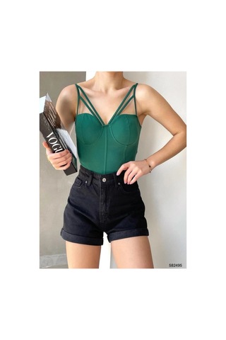 Angbutik Kadın İşçilik V Yaka İnce Askılı Krep Kumaş Crop Büstiyer Saks