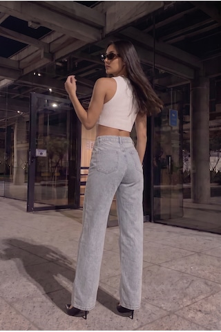 Kadın Açık Mavi Likralı Yüksek Bel Önü Full Taşlı Wide Leg Geniş Paça Jean Kot Pantolon