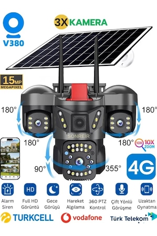 Rxg 3 Kameralı Solar Güvenlik Kamerası 4g Sim Kartlı Ptz Hareketli Gece Görüşlü Güneş Panelli Kamera