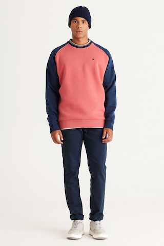 AC&Co / Altınyıldız Classics Erkek Lacı Mercan Oversize Bol Kesim Bisiklet Yaka Pamuklu Desenli Sweatshirt Lacivert - Mercan