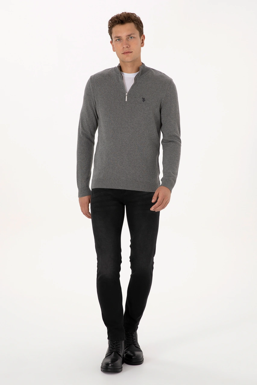 U.S. Polo Assn. Erkek Slim Fit Yarım Fermuarlı Gri Melanj Basic Kazak 50313695-VR109