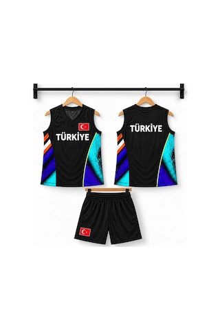 Sonvadi Çocuk Basketbol Forması Türkiye Armalı Siyah-turkuaz 3 Parça Çorap Turkuaz