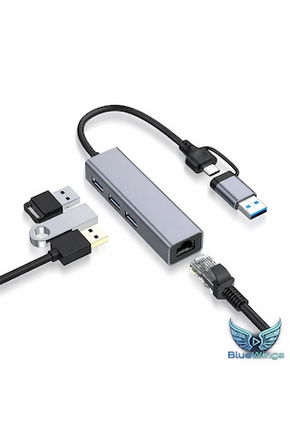 Multi Girişli Usb Type-c Ethernet Adaptör 3 Port Usb 3.0 Hub Rj45 Gigabit 1000 Mbps Lan Dönüştürücü Apple Uyumlu Macbook / Laptop