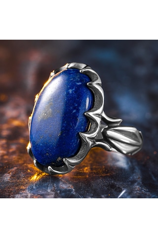 925 Ayar Gümüş Oval Doğal Lapis Lazuli Taşlı Erkek Yüzük