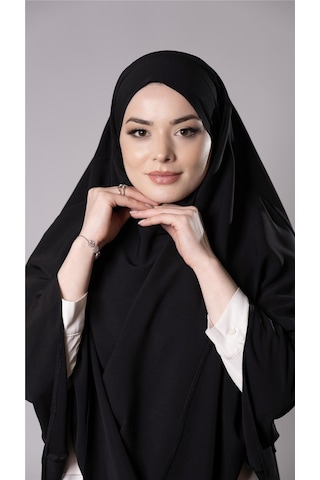Siyah Pratik Hazır Geçmeli Tesettür Eşarp Medine İpeği Bağcıklı Çift Katlı Sufle Hijab 2302 01