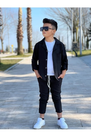 Modavals Kol Katlamalı Keten Gömlek & Beli Lastikli Keten Pantolon & Pamuklu Tshırt & Zincir Aksesuar 4lü Keten Erkek Çocuk Takım Siyah