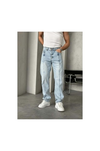 More Black Tasarım Kar Yıkamalı Dikişli Baggy Pantolon Mavi