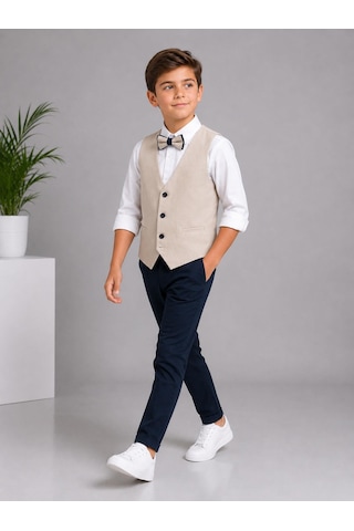 Classics Men Erkek Çocuk Smokin Takım Elbise Yelekli Papyonlu Krem