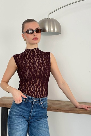 Verymoda Sıfır Kol Dantel Bluz D2750 Bordo