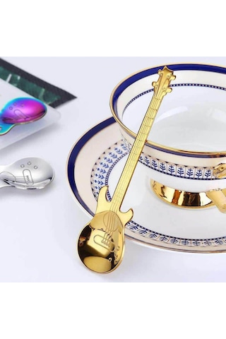 Jojobebek Gold Renk Gitar Tasarımlı Paslanmaz Çelik Kaşık ve Paslanmaz Çelik Çatal + Saklama Kutusu Sarı
