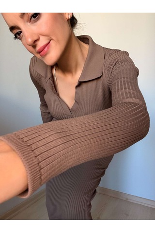 Ali Butik Vizon Polo Yaka Fitilli Elbise Vizon